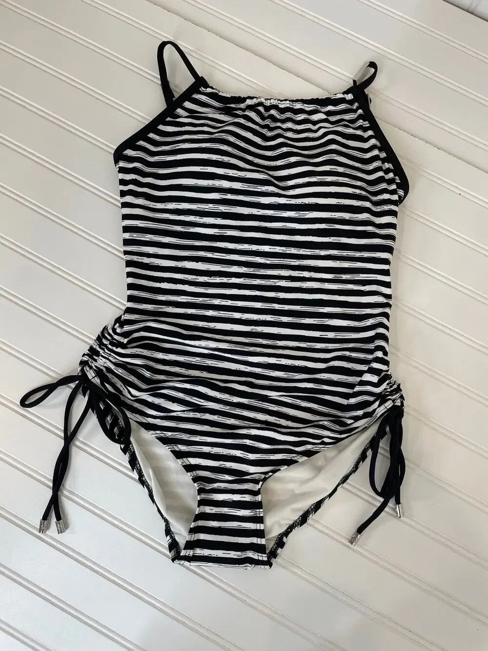 NWOT Michael Kors One Piece Bathing Suit Black & White Stripe Drawstring Side S